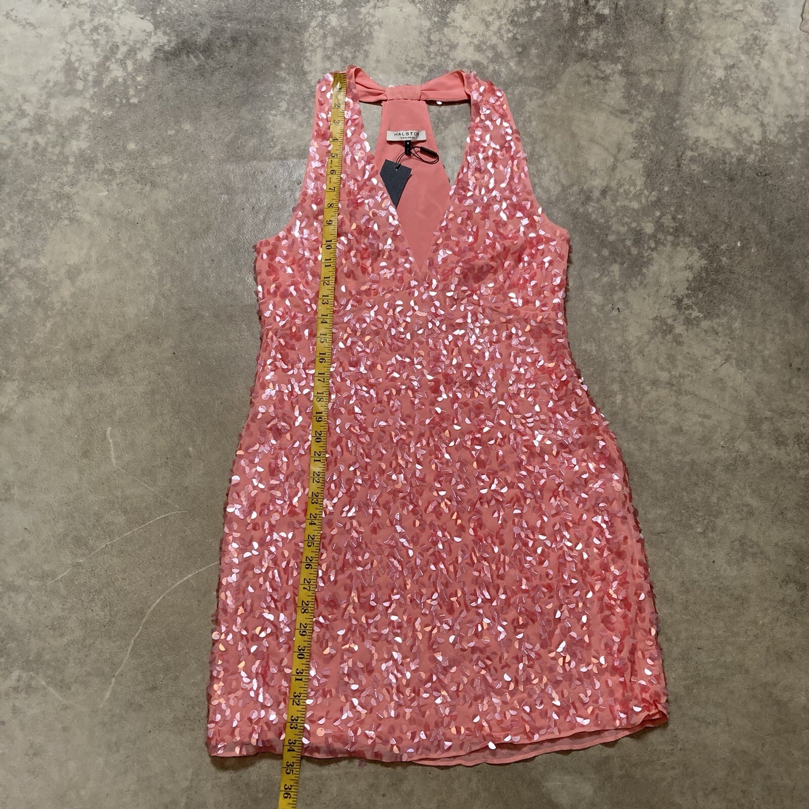 Halston Heritage Dress Womens 8 Parfait Pink Sequin T Back Shimmy Halter Party