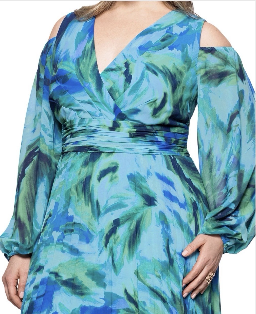 Xscape Plus Size Printed Cold-Shoulder Dress – Turquoise/Navy