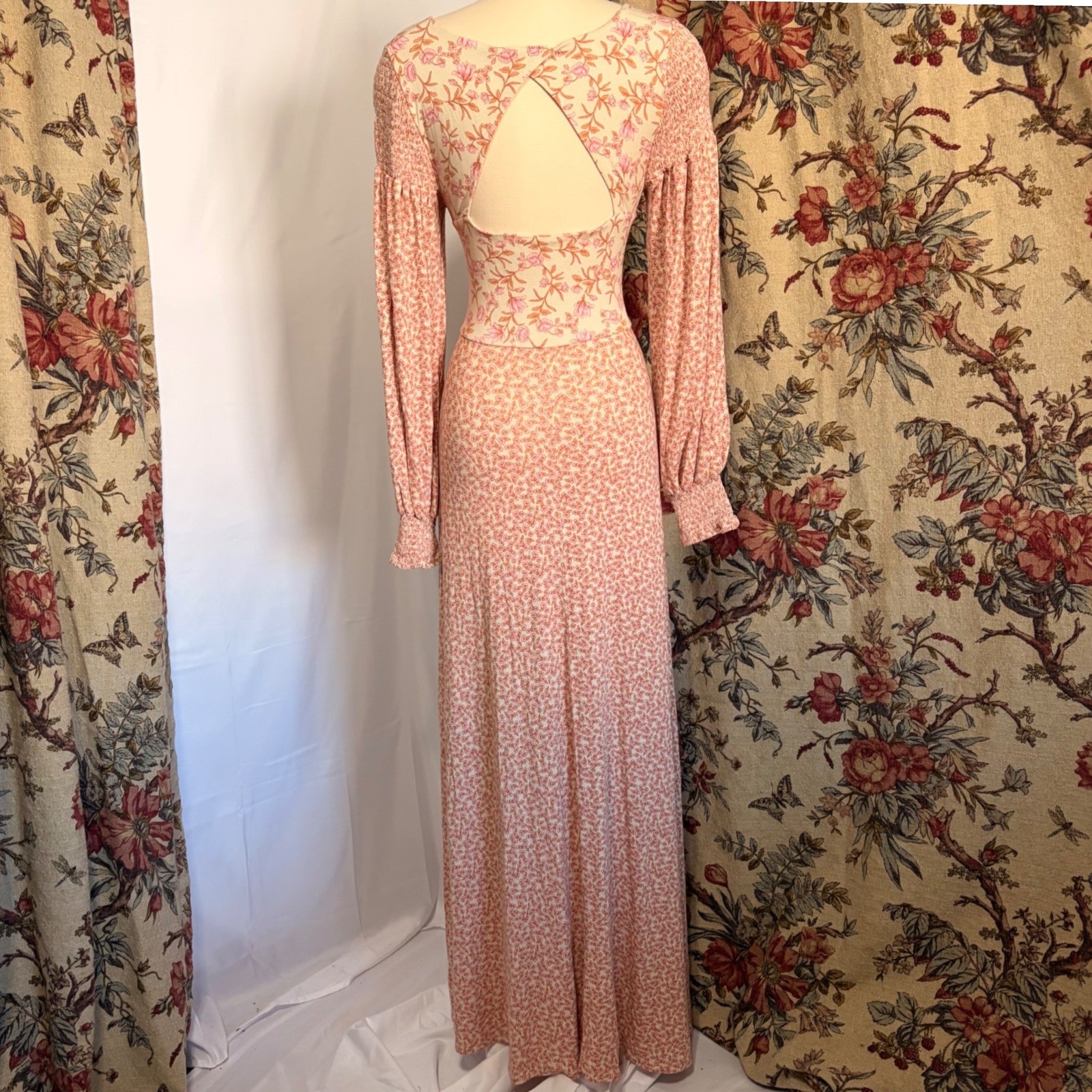 FREE PEOPLE Floral Mixed Print Maxi Dress with billowed sleeves and open back