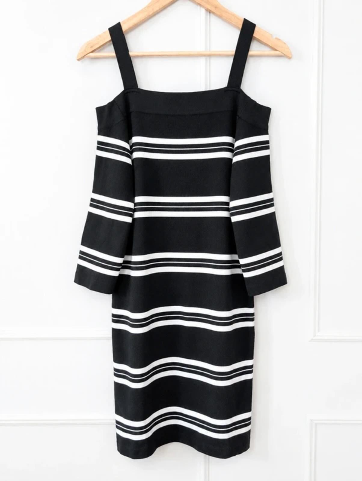 Sweewe Paris Black White Stripe Knit Dress Cold Shoulder Bodycon UK 10 – 12