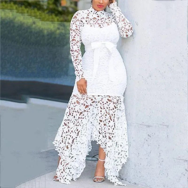 Plus Size Long Sleve Dress Stunning Stand Collar Lace Up Dress