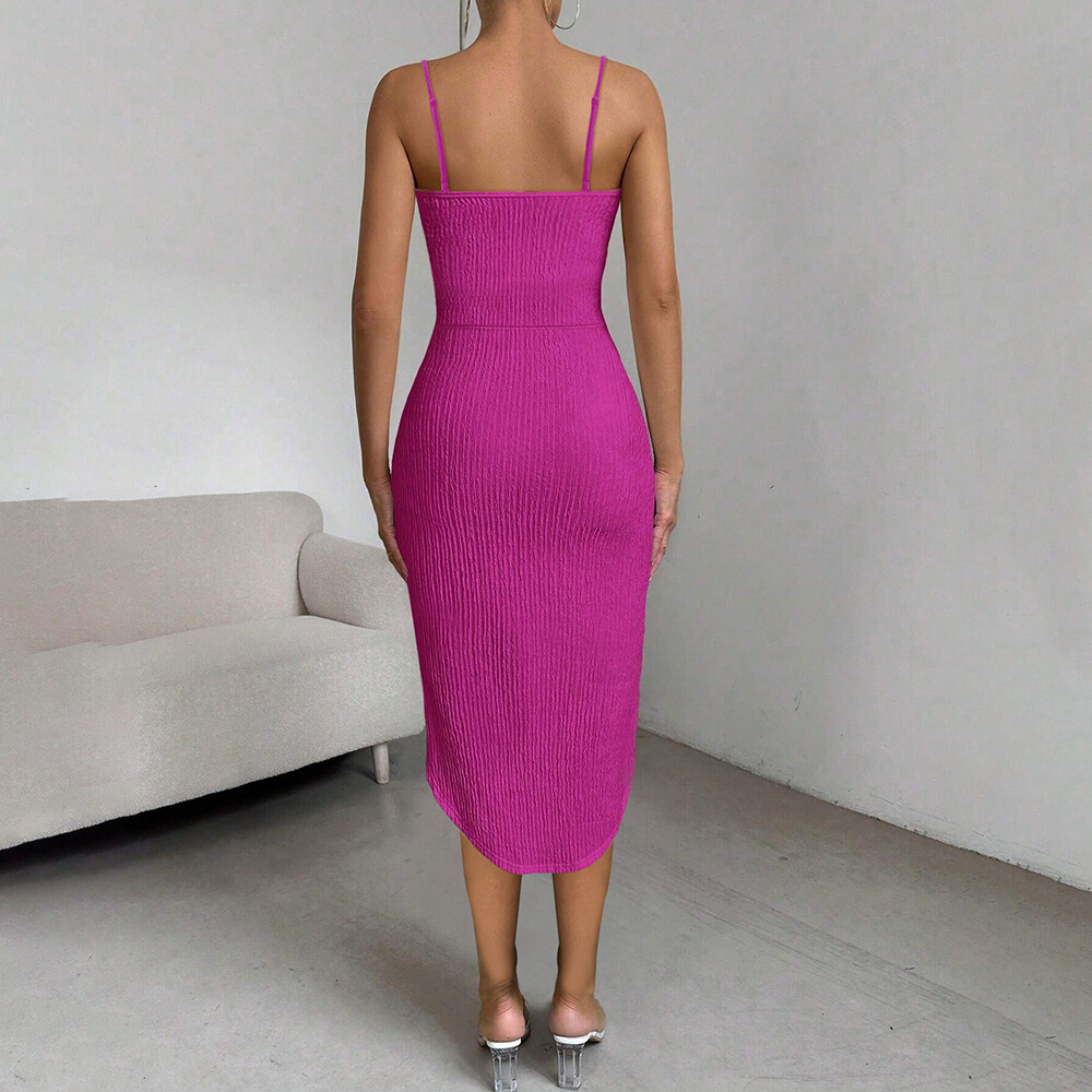 Women Sleeveless Square Neck Bodycon Dress Ladies Strappy Party Split Dresses