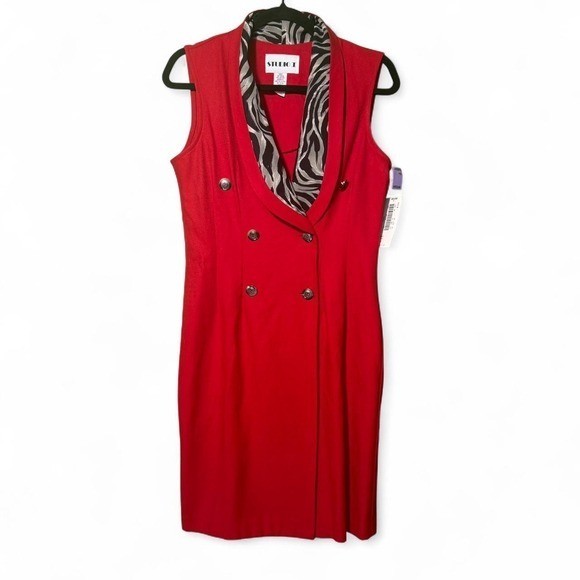 Studio I red sleeveless dress with zebra print collar and buttons. Size 8
