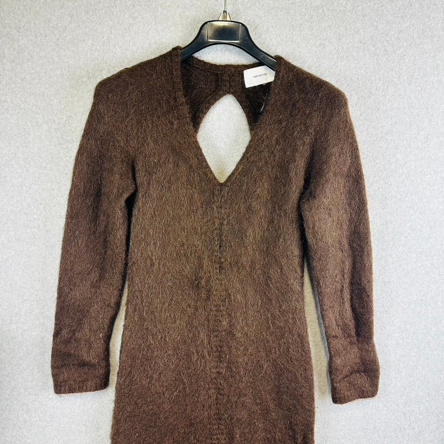 H&M Premium Womans Medium Dress Open-Back Mohair-Blend Dark Brown V-Neck