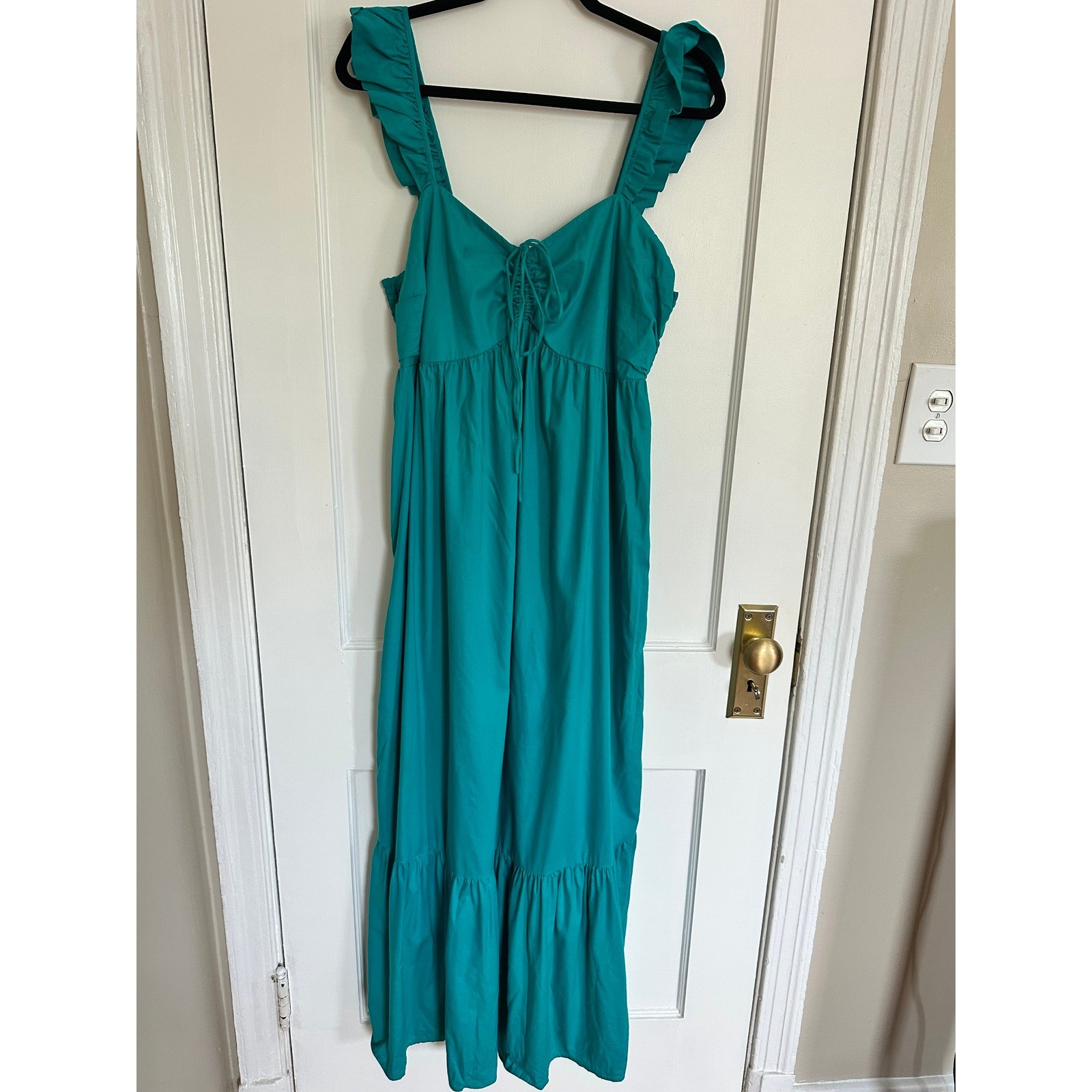 LOFT Maxi Dress Teal Flutter Sleeve Smocked Tiered Size 14 Coastal Cotton Boho