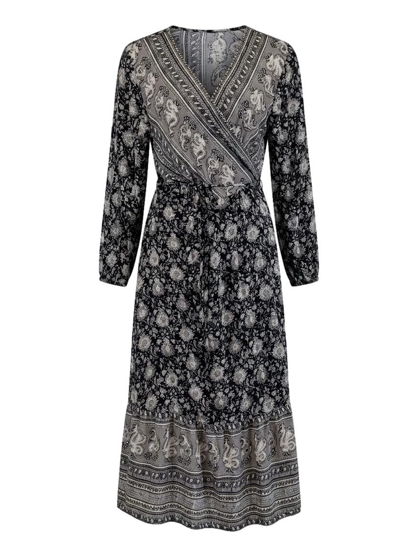 Lucky Brand Black White Paisley Floral Boho Festival Beth Dutton Wrap Dress