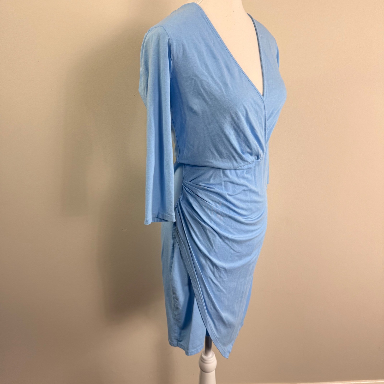 Bobi Los Angeles Womens Light Blue Ruched Faux Wrap V-Neck 3/4 Sleeve Dress Sml
