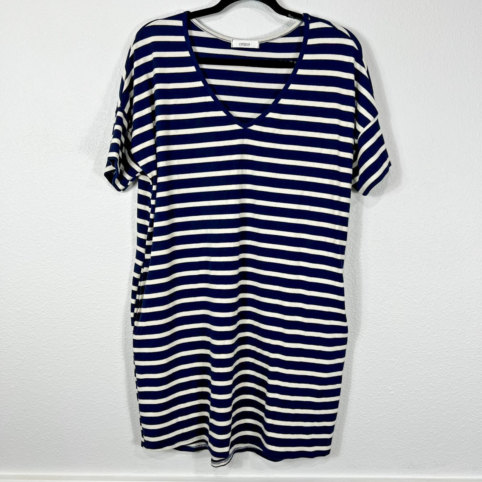 Cherish Shift Dress Navy Striped Pockets V-Neck Stretch USA Women’s Small