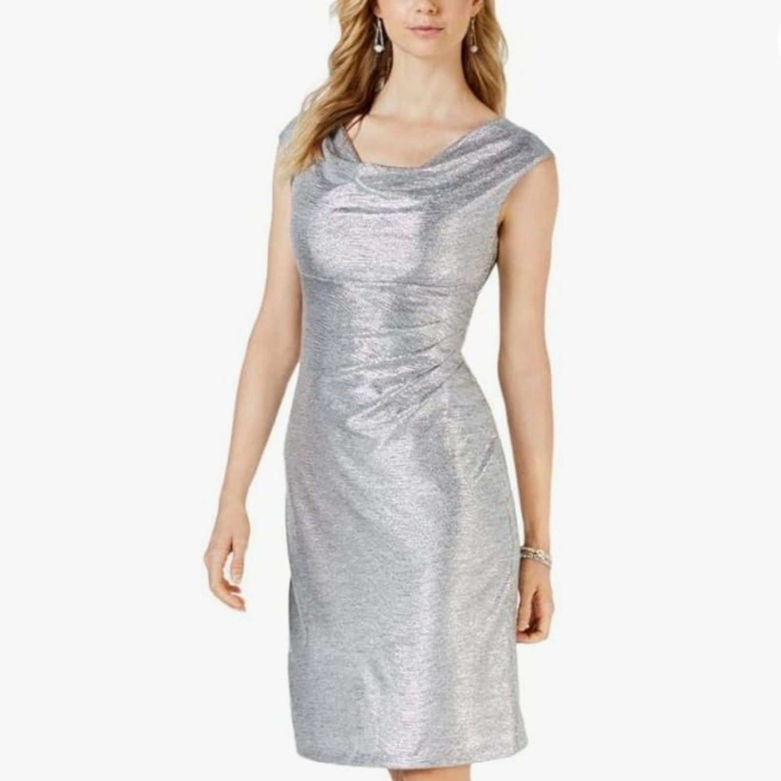 DB Established 1962 Metallic Silver Cowl Neck Sheath Dresss Size 6