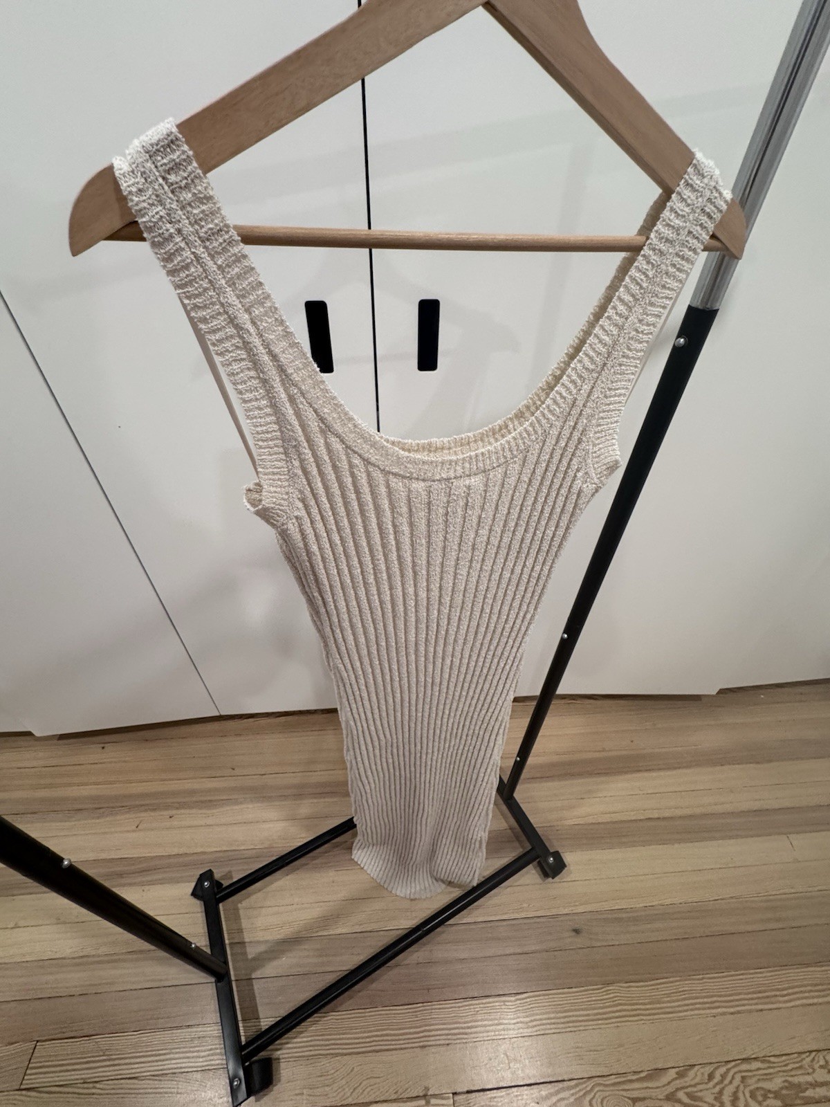 NWT Able Los Angeles Ribbed Knit Midi Dress Cowrie Shell Trim Beige Women’s M