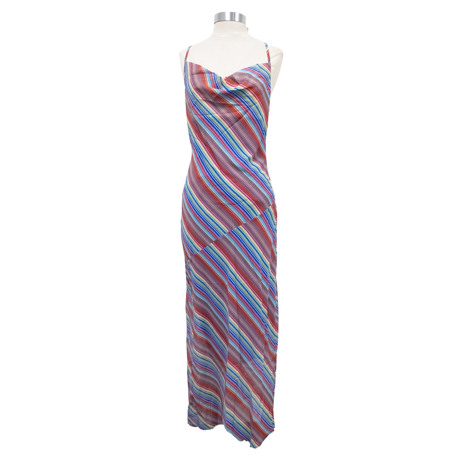 Charlie Holiday Stone Slip Dress Multi Stripe Cowl Neck Maxi [Size MEDIUM]