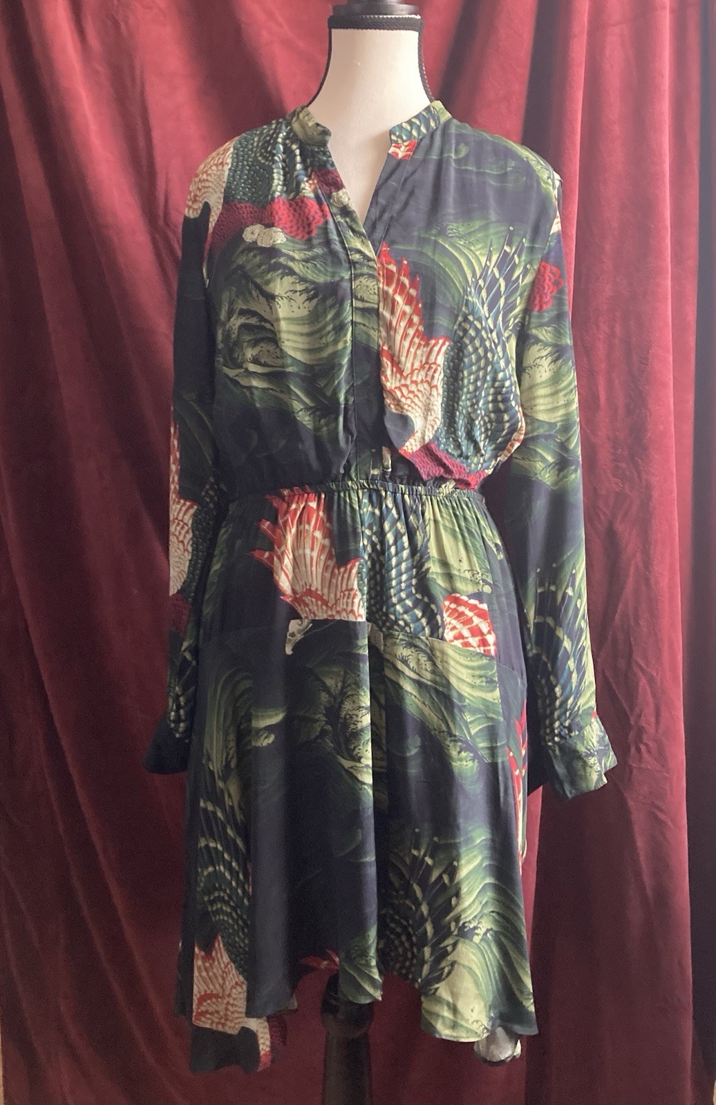 ALL SAINTS Martina swoop Dress Birds Print Moss Green Women’s Size 8