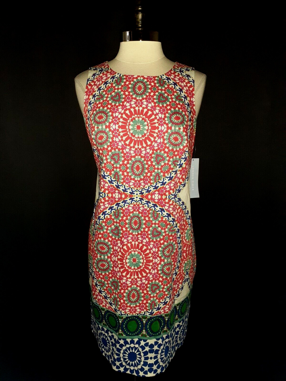NEW LONDON TIMES Size 12 Shift Dress Red White Green Floral Sleeveless