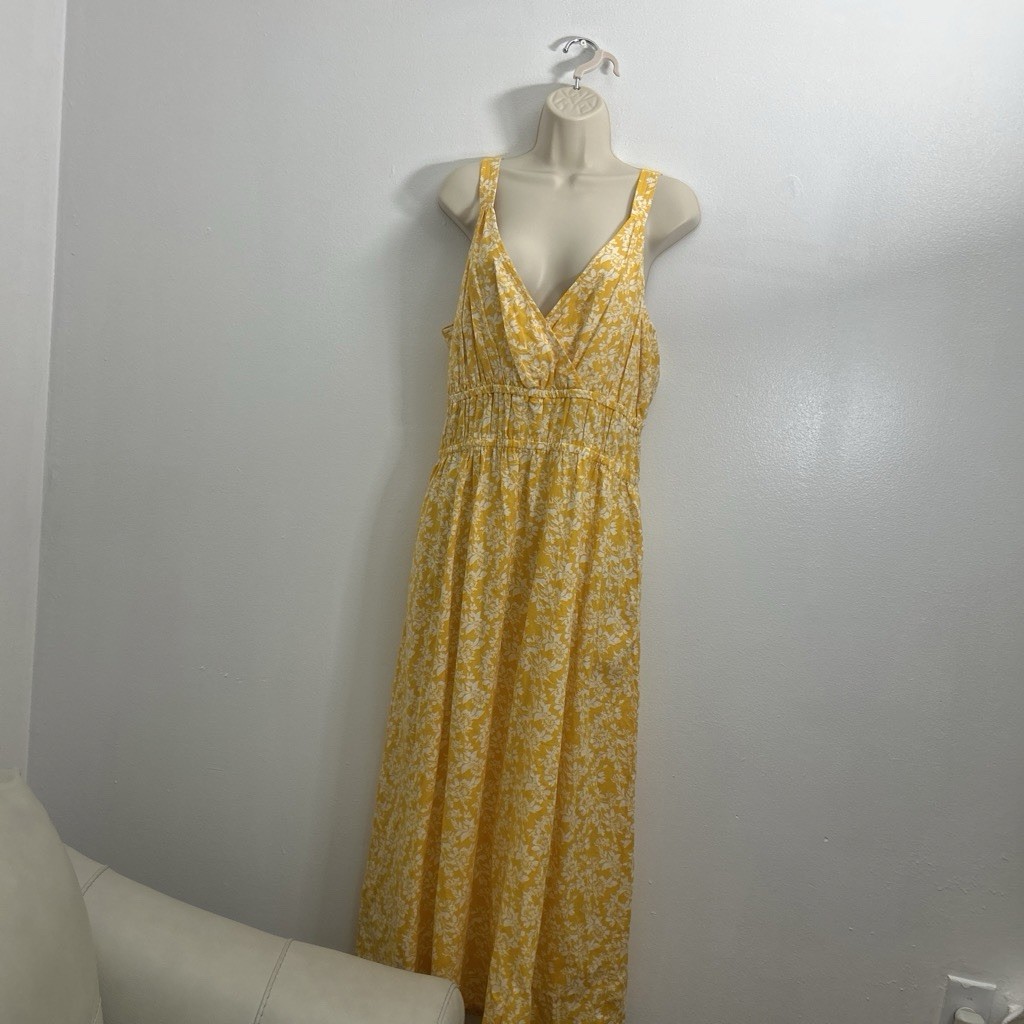 Women’s Yellow/White Floral Maxi Dress L V-Neck Backless Strappy Sleeveless