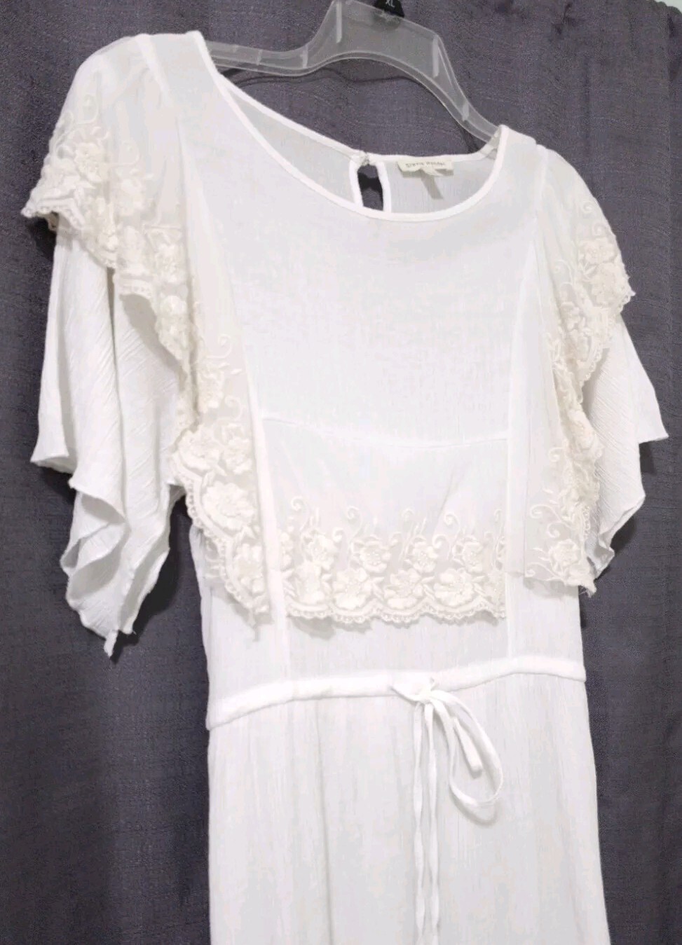 NEW Stevie Hender sz MEDIUM Romantic Lace Smock Dress Ivory Crinkle Short Sleeve