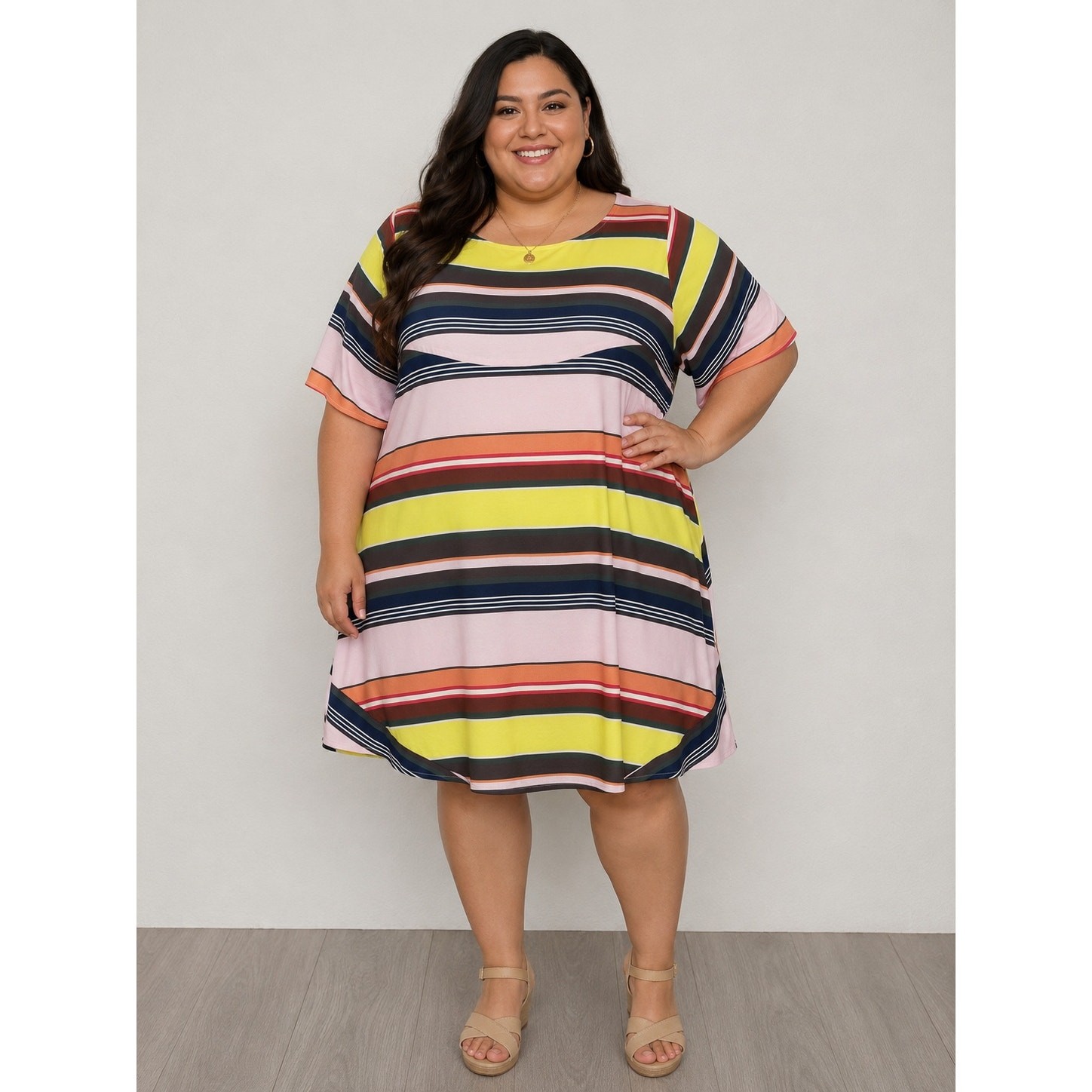 eShakti Striped Swing Dress Mini Yellow Brown Boat Neck Short Sleeves