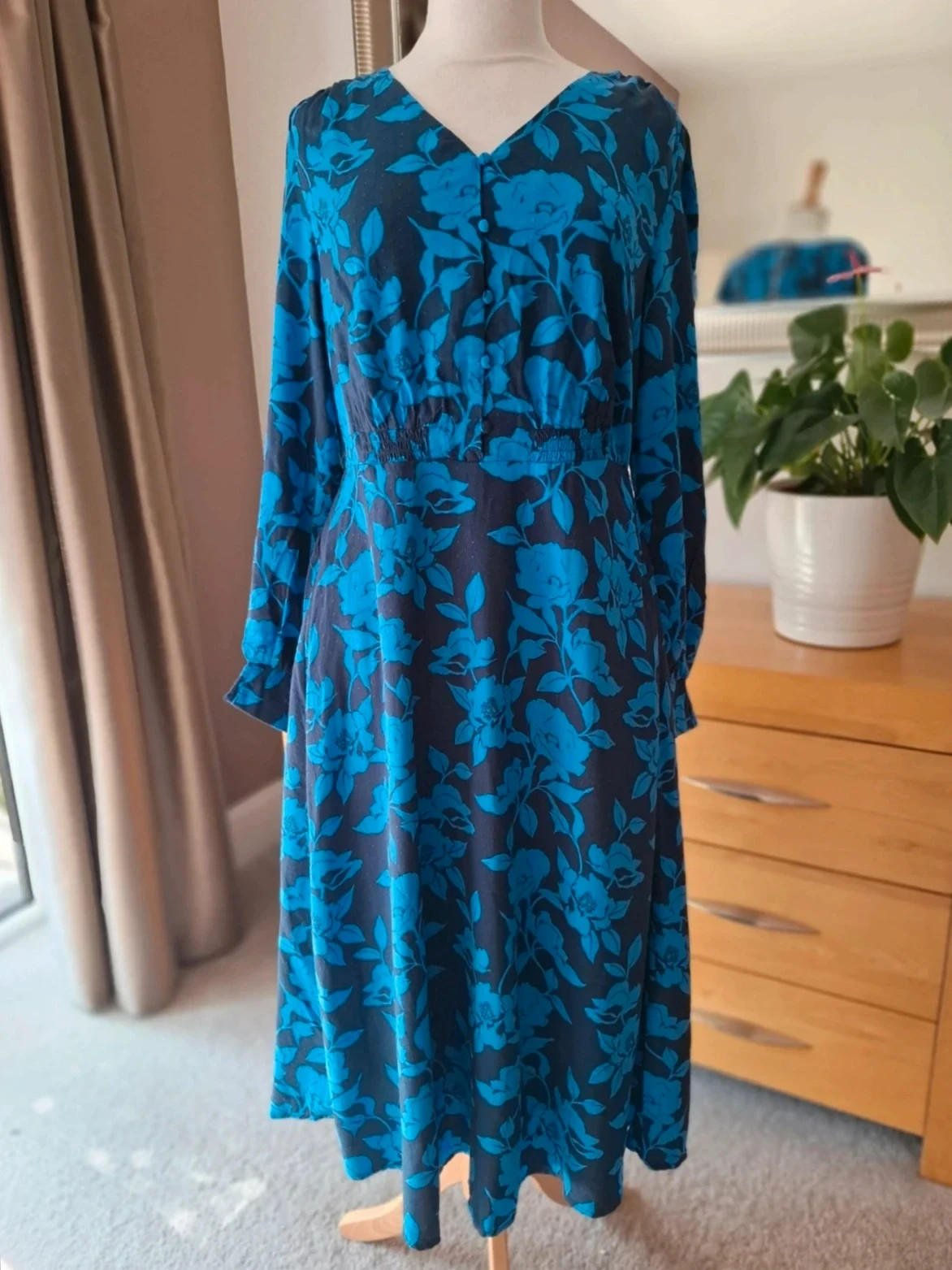 Crew Clothing Company Iona Blue floral Midi tea Dress smart summer Size 12