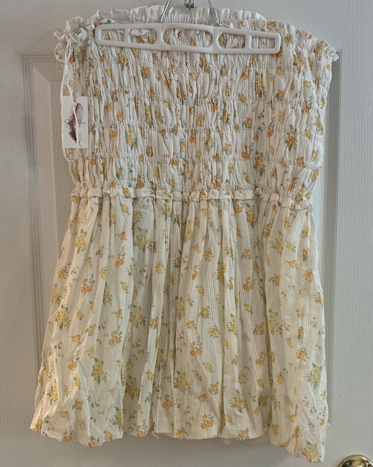 Jessica Simpson XL White Yellow Green Floral Strapless Smocked Seersucker Mini
