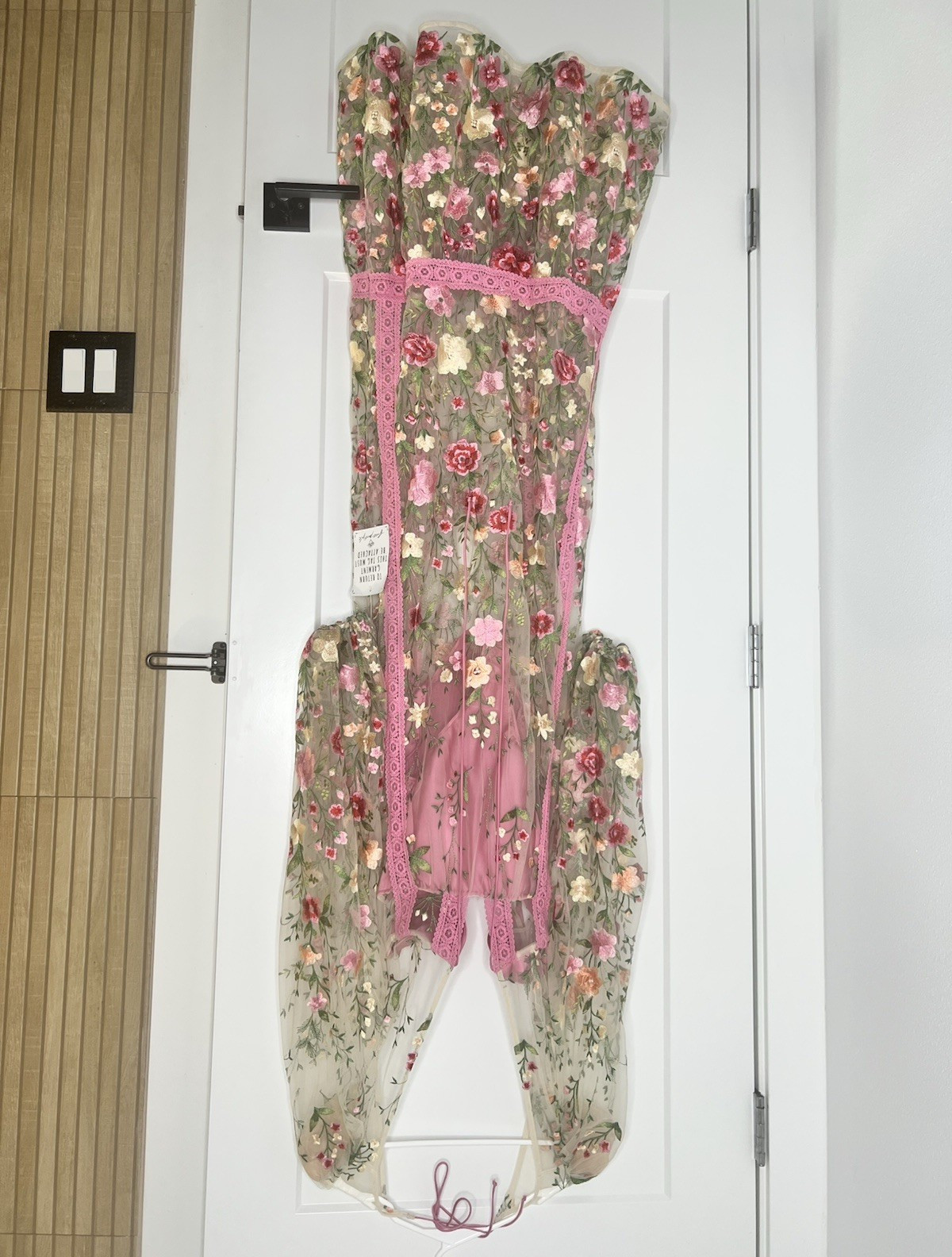 For Love & Lemons Floral Embroidered Mesh Pink Nightgown Tie Closure Size M