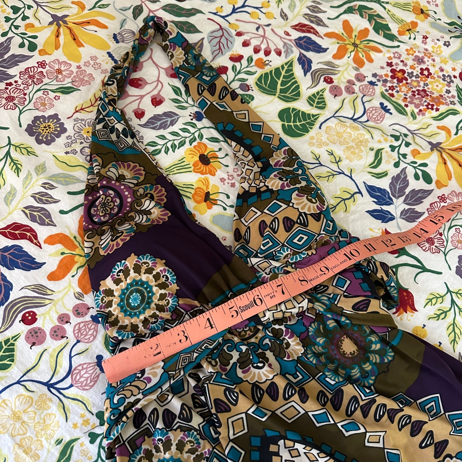 Halter Midi Dress Womens Medium Multi Color Boho Geometric Open Back Jersey Knit
