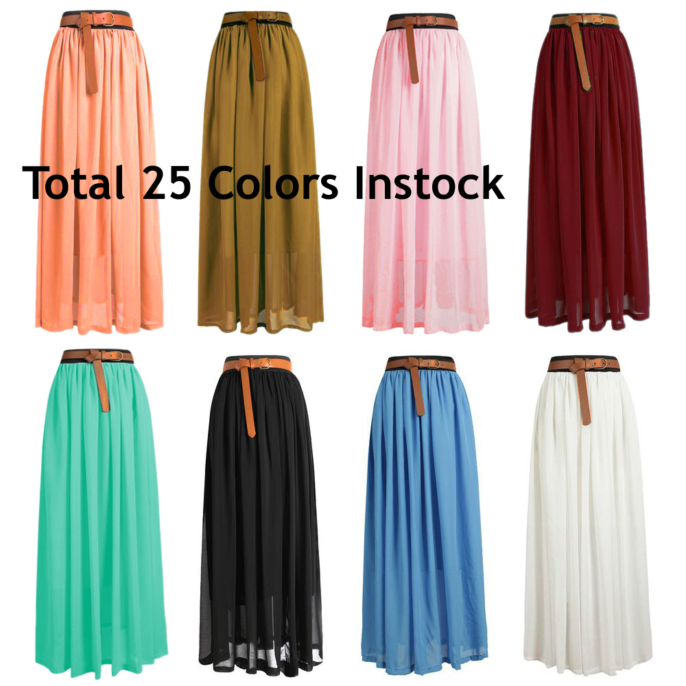 Women Lady Chiffon Pleated Retro Long Maxi Dress Elastic Waist Skirt | 25 Colors
