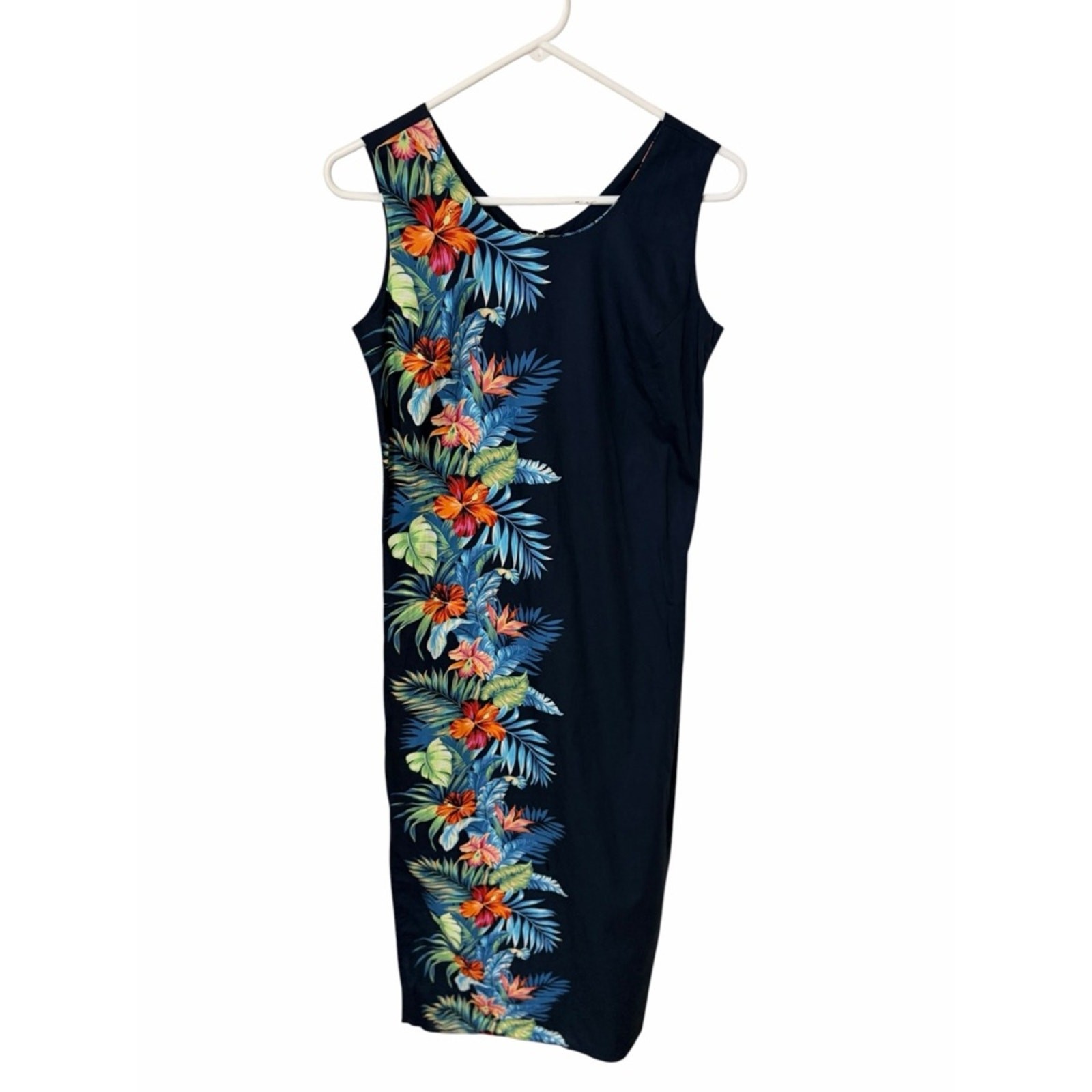 Hawaiian Tropical Floral Midi Dress M Sleeveless Vacation Beach Resort Cotton