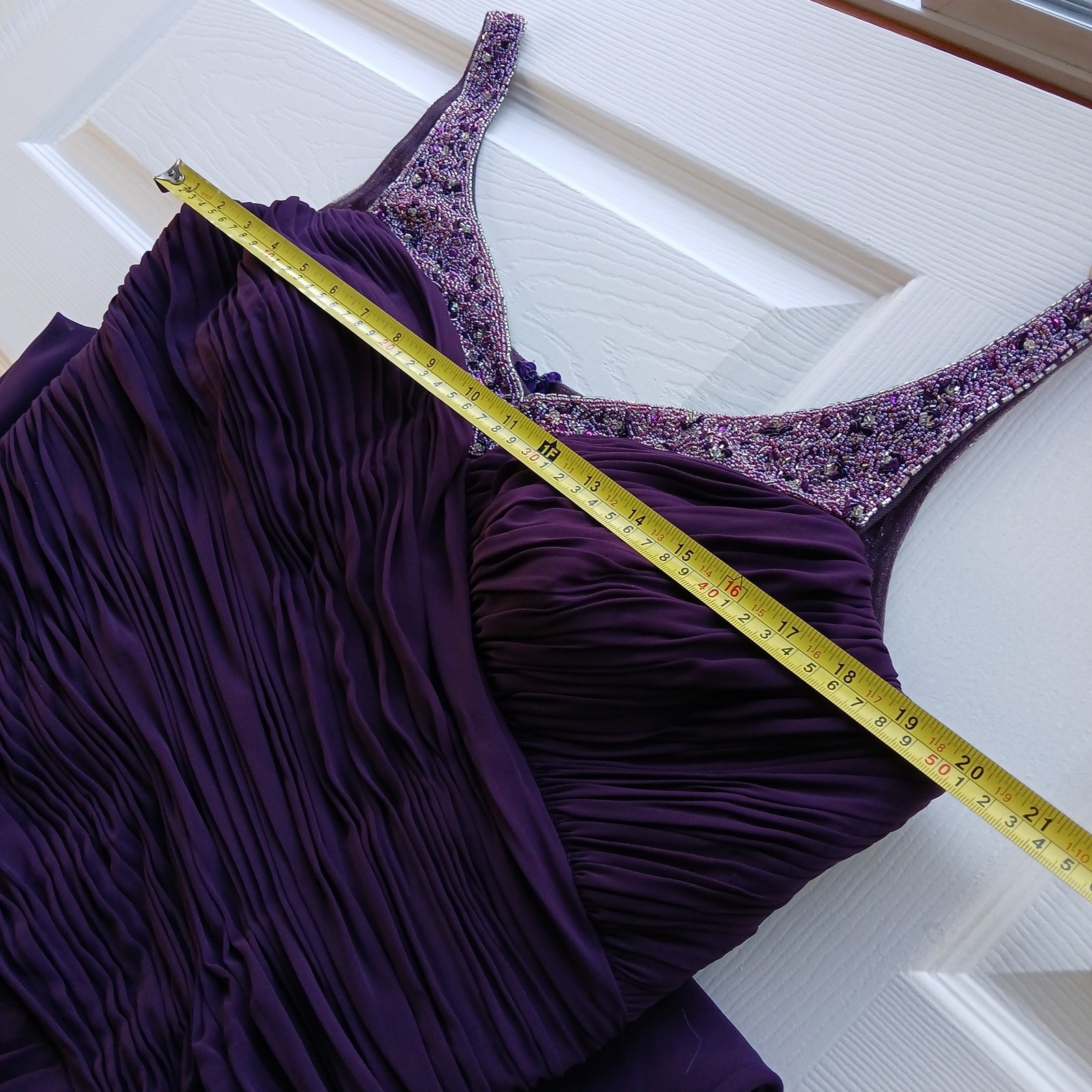 La Perle Aubergine Beaded Sweetheart Maxi Gown 16 slight train leg slit formal