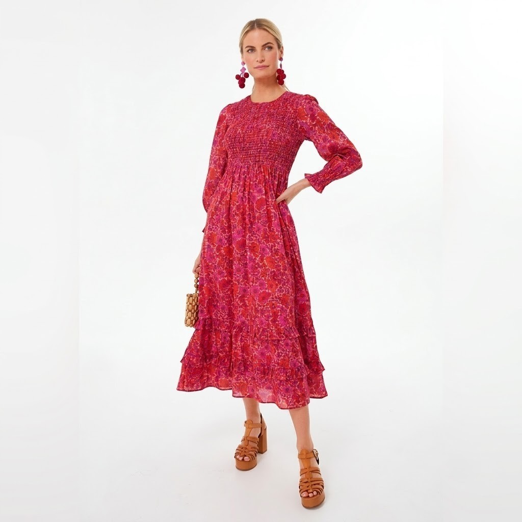 NWT PINK CITY PRINTS Classic Isabel in Vintage Poppy Floral Cotton Midi Dress M