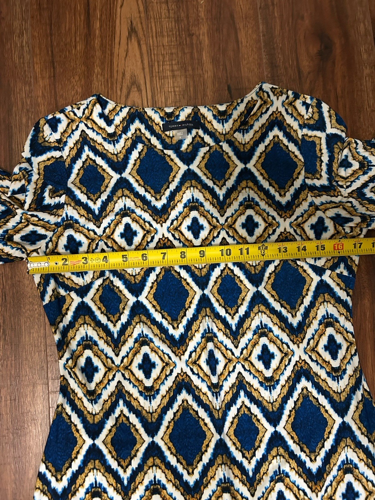 Tommy Hilfiger Blue Gold White Geometric Sheath Dress Ruffle Sleeve Size 6