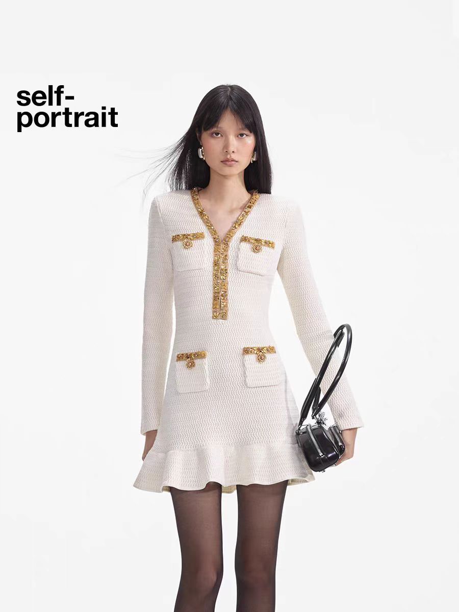 Women Self-Portrait V-neck Contrasting Knit Mermaid Mini Dress White