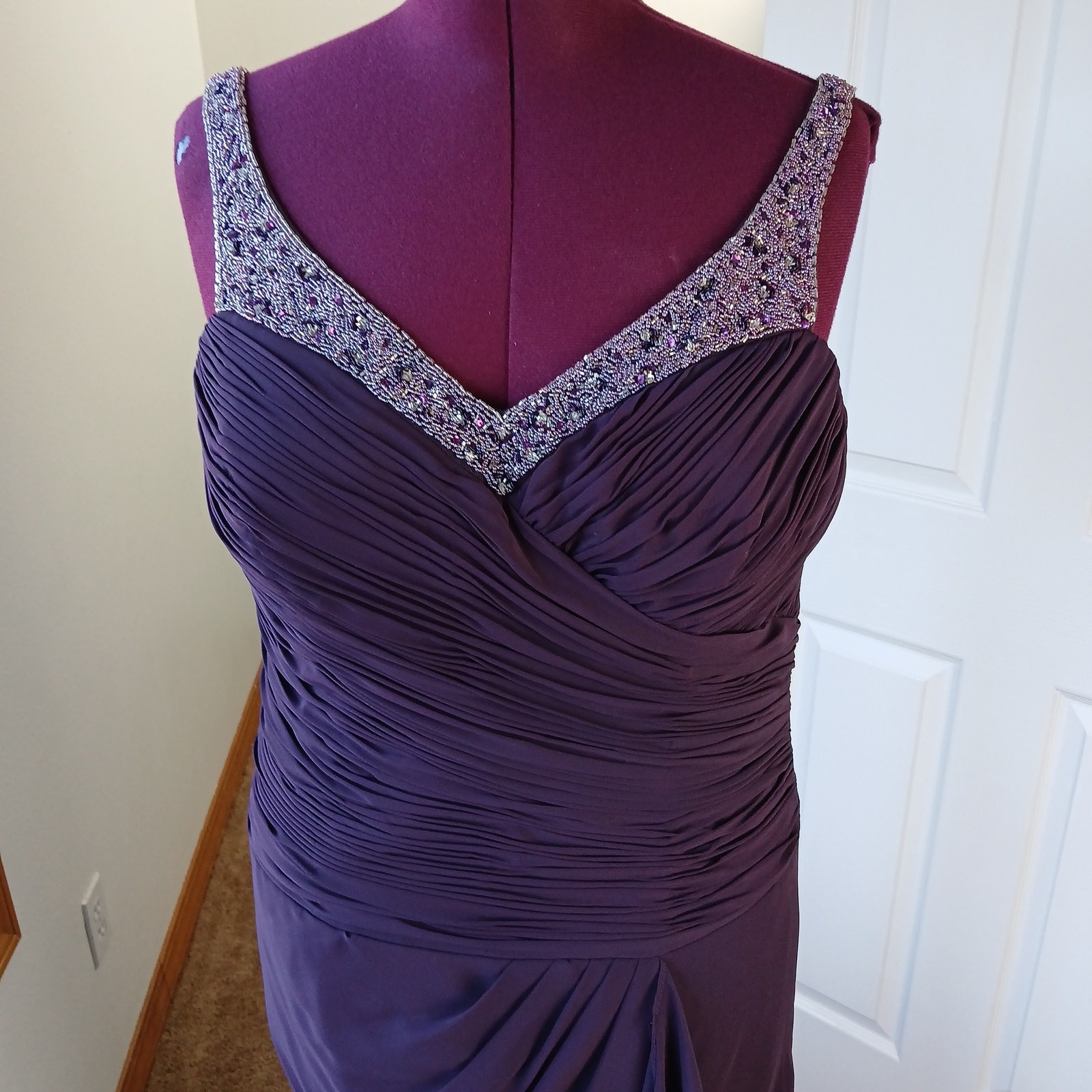 La Perle Aubergine Beaded Sweetheart Maxi Gown 16 slight train leg slit formal