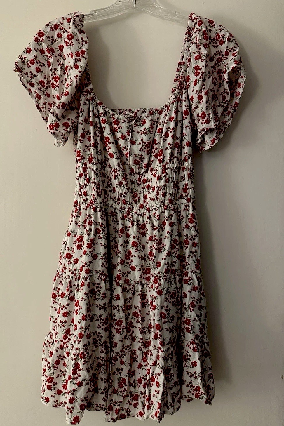 Hollister Dress/Romper White Red Green – Square Neck Puff Sleeve – Ladies Medium
