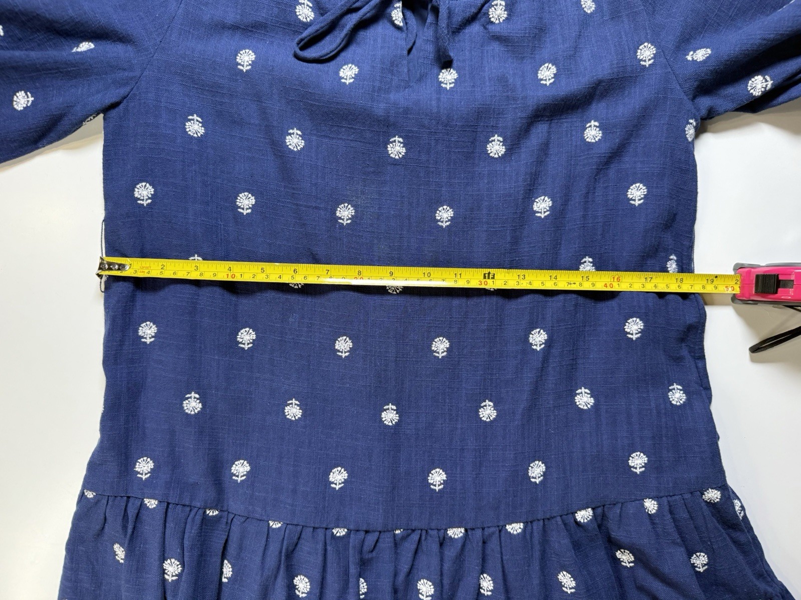 A Loves A XS Navy Blue Embroidered Cotton Peasant Dress Lined Pockets Boho puff