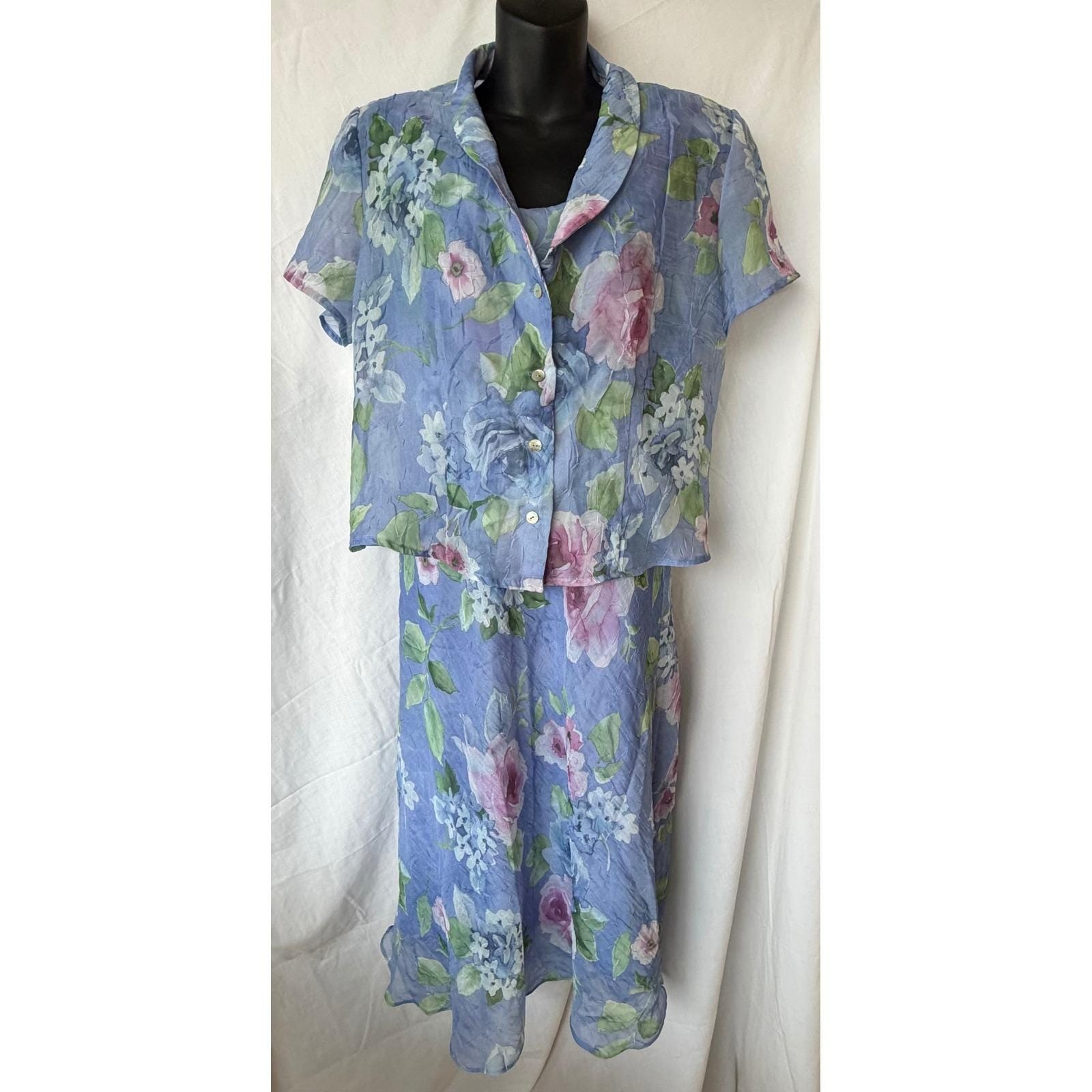 Vintage K Studio Dress Set Blue Floral Crinkle 2 Piece Blouse Cottagecore 16