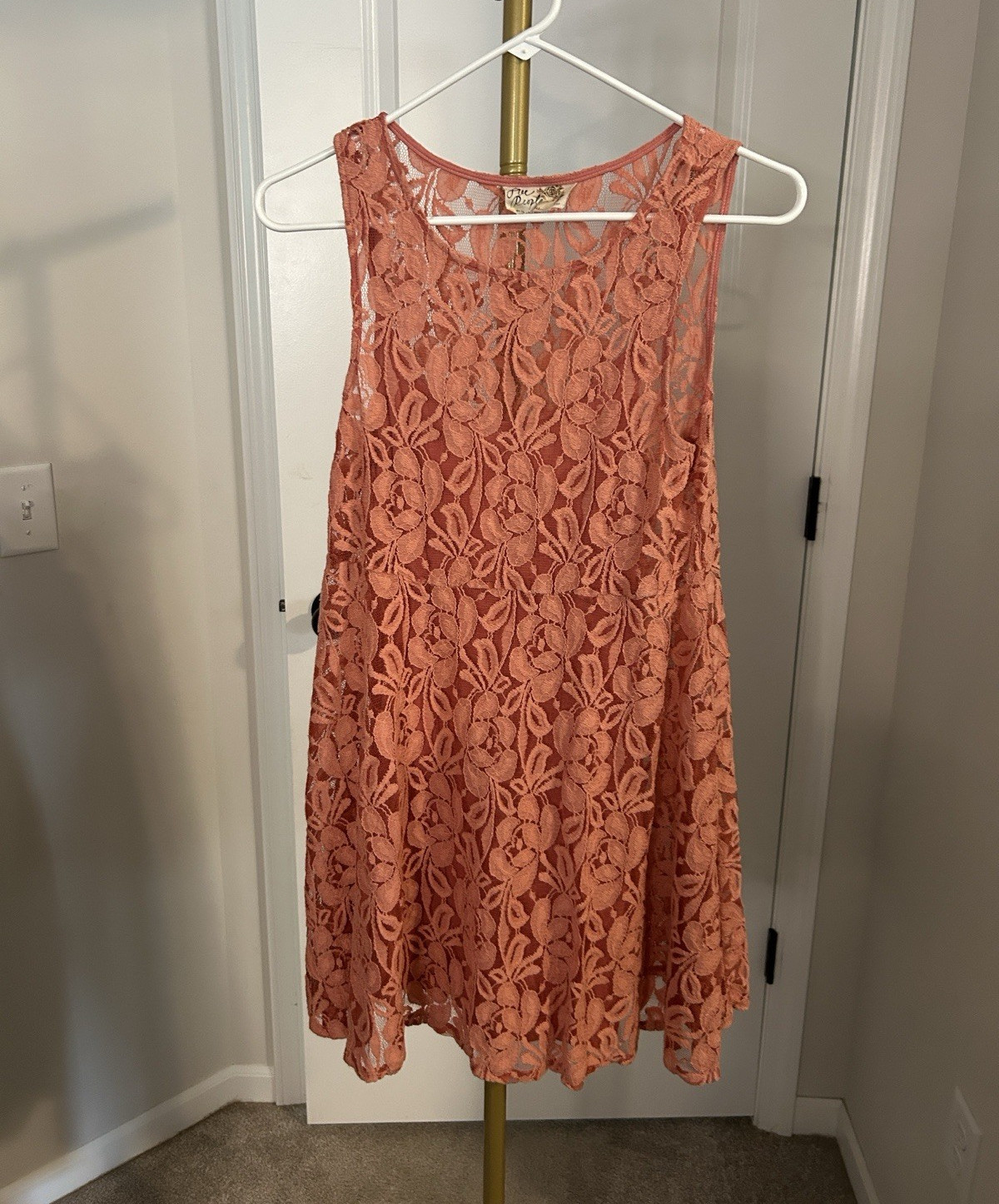 Free People M Coral Pink Floral Lace A-Line Mini Dress Sleeveless Lined