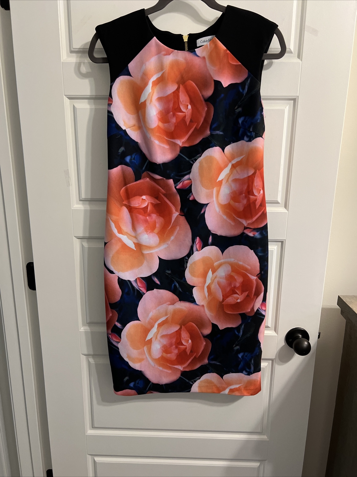 Calvin Klein Dress Womens 8 Midi Peach Watercolor Floral Sheath Scuba Zip Back