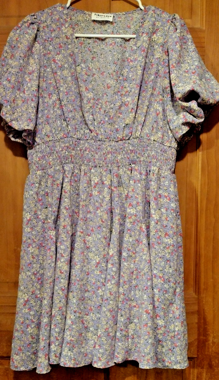 FIRST LOVE by Lovelyn Dress Size 1X Purple Floral V Neck Puff Sleeve Smocked