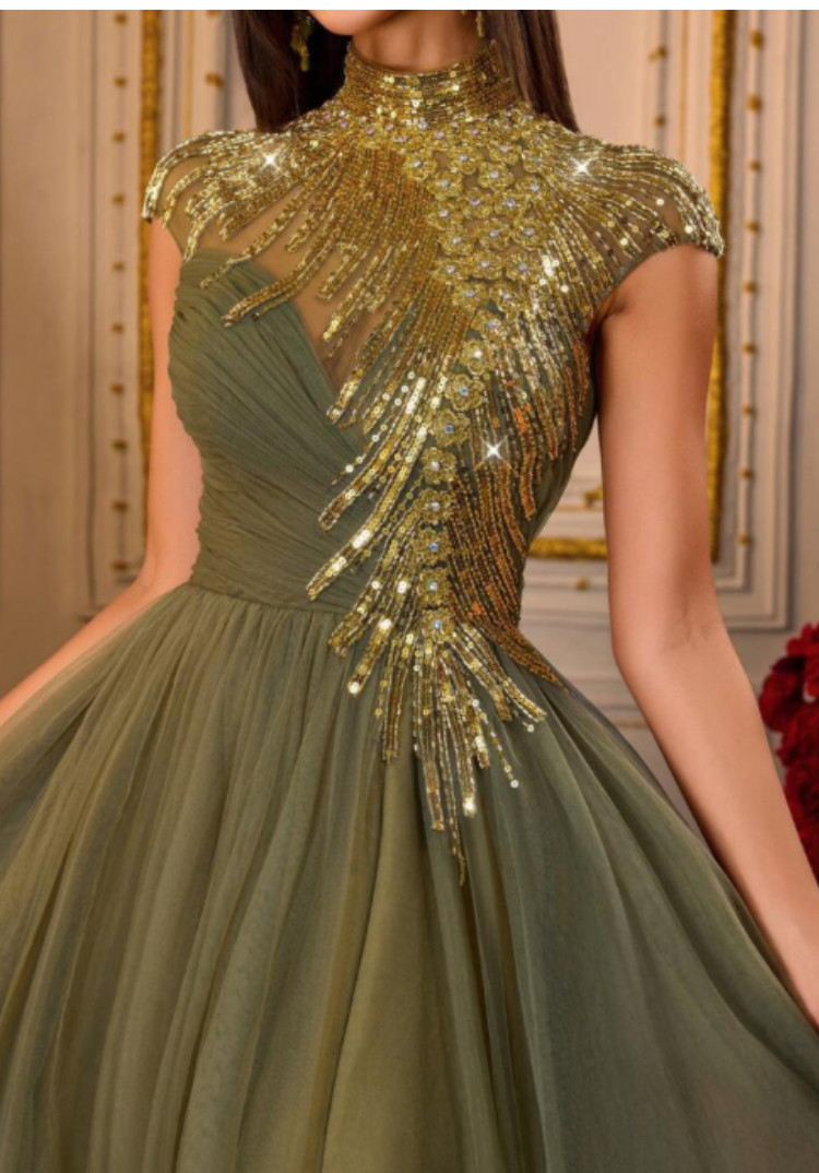 Women Size S Olive Green Formal Dress Gown Golden Rhinestone sequin beed lace up