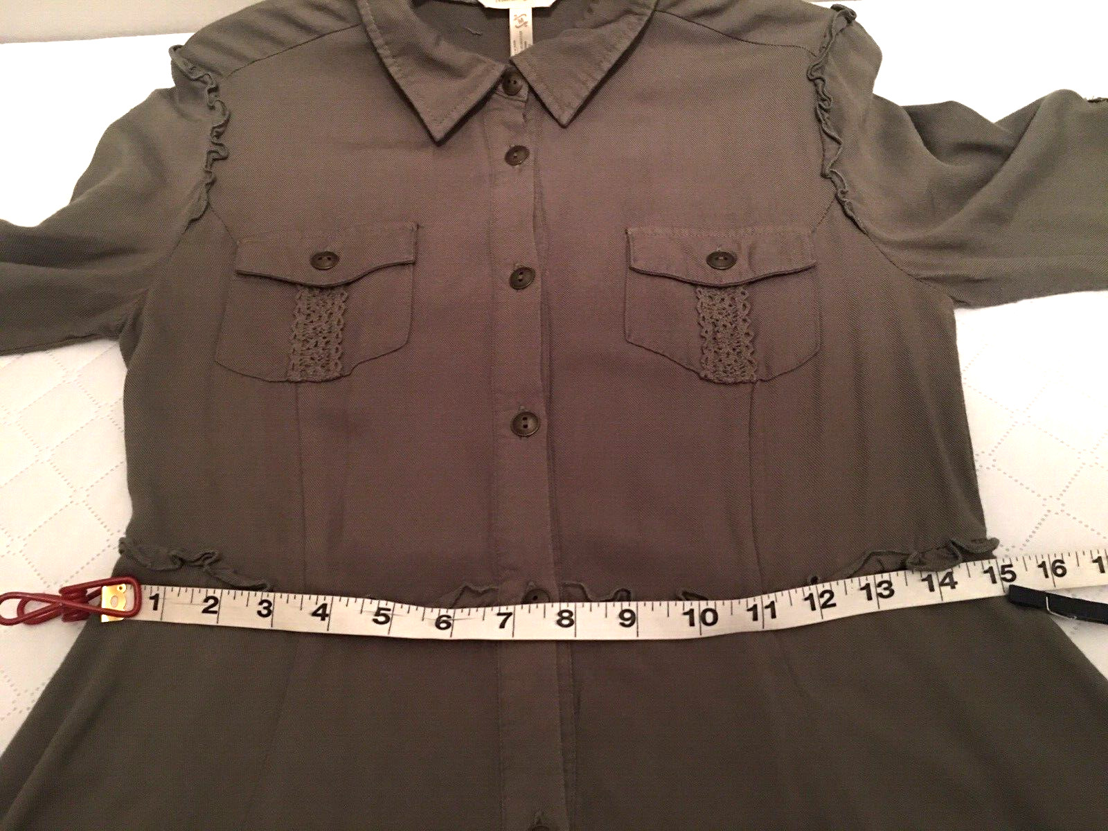 Matilda Jane Dress Button Women Medium Green Tree Canopy Roll Tab Slv Hi Lo Hem