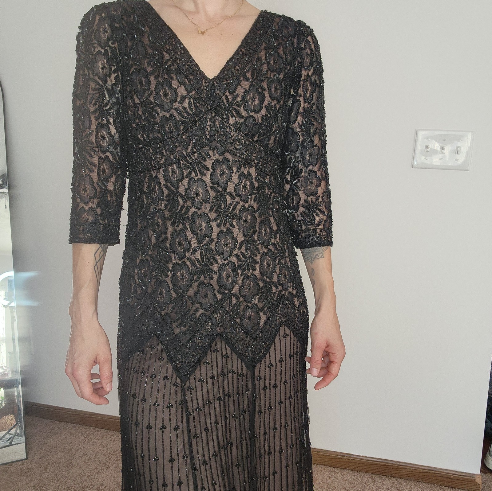 Pisarro Nights Black Floral Beaded Drop Waist Midi Dress Size 12
