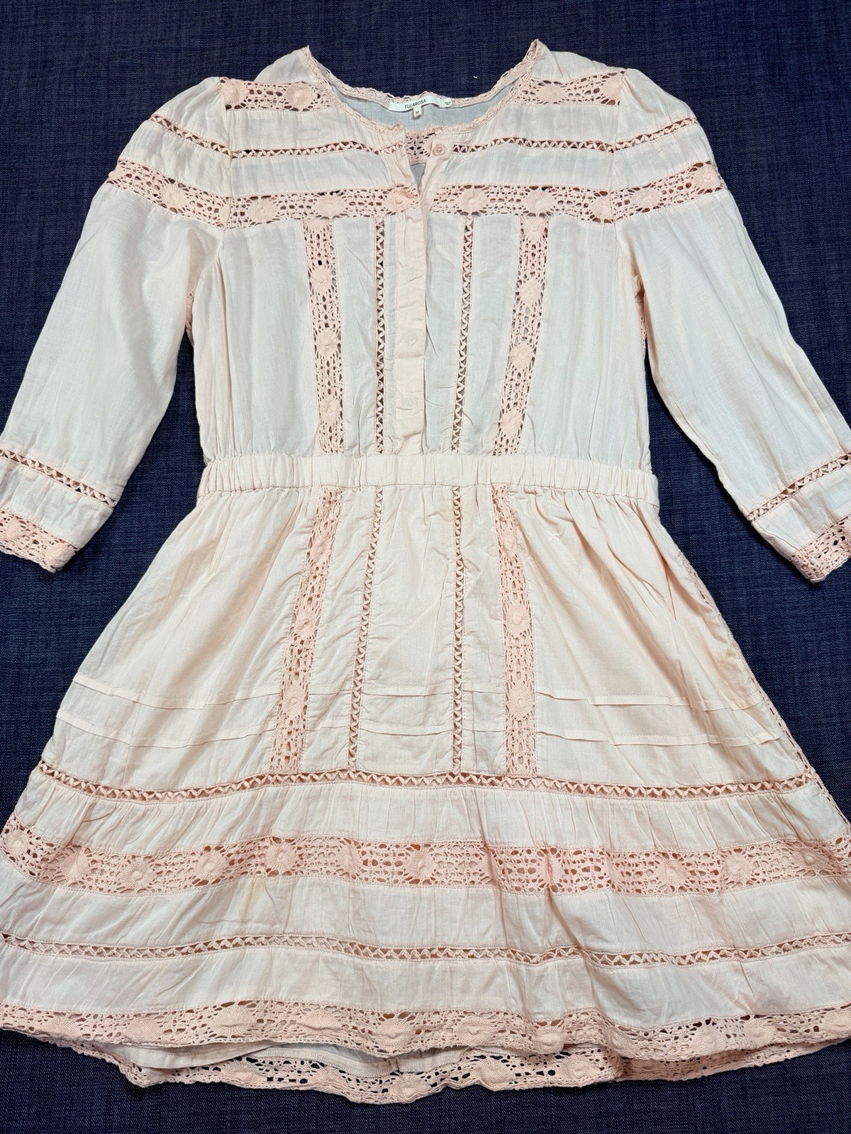 Tularosa Blush Pink Cotton Crochet Lace Inset Long Sleeve Mini Dress Size M