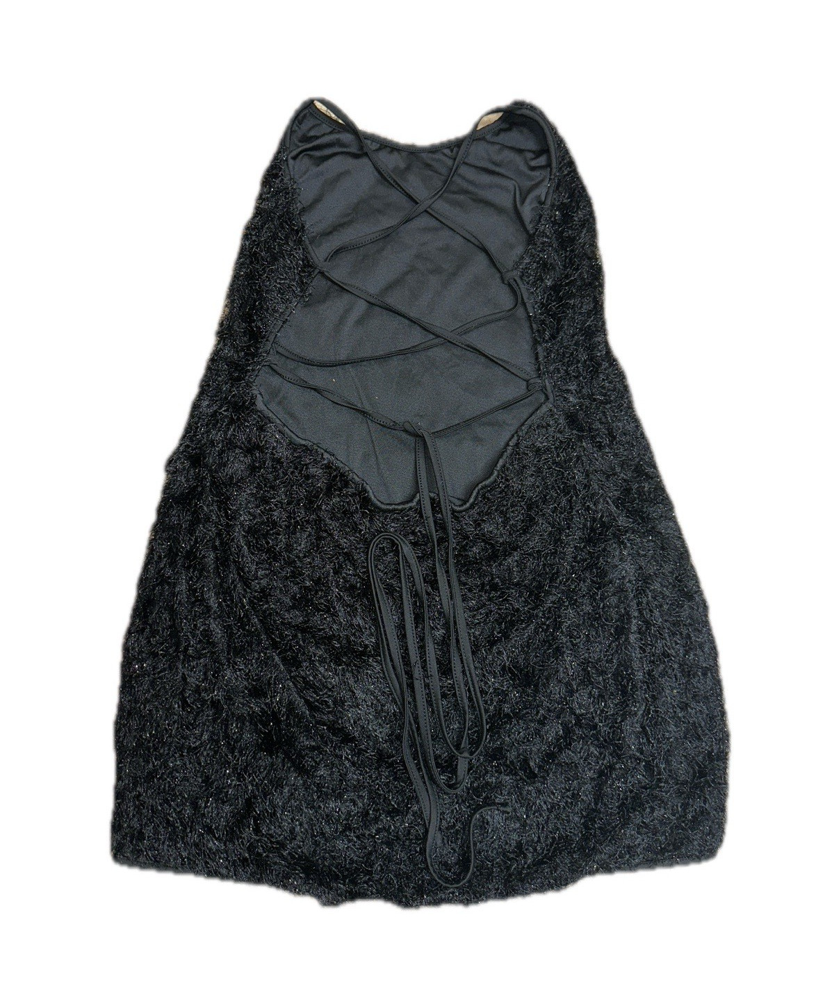 SHEIN Curve Black Solid Square Neck Spaghetti Strap Faux Fur Lace Up Mini 2XL