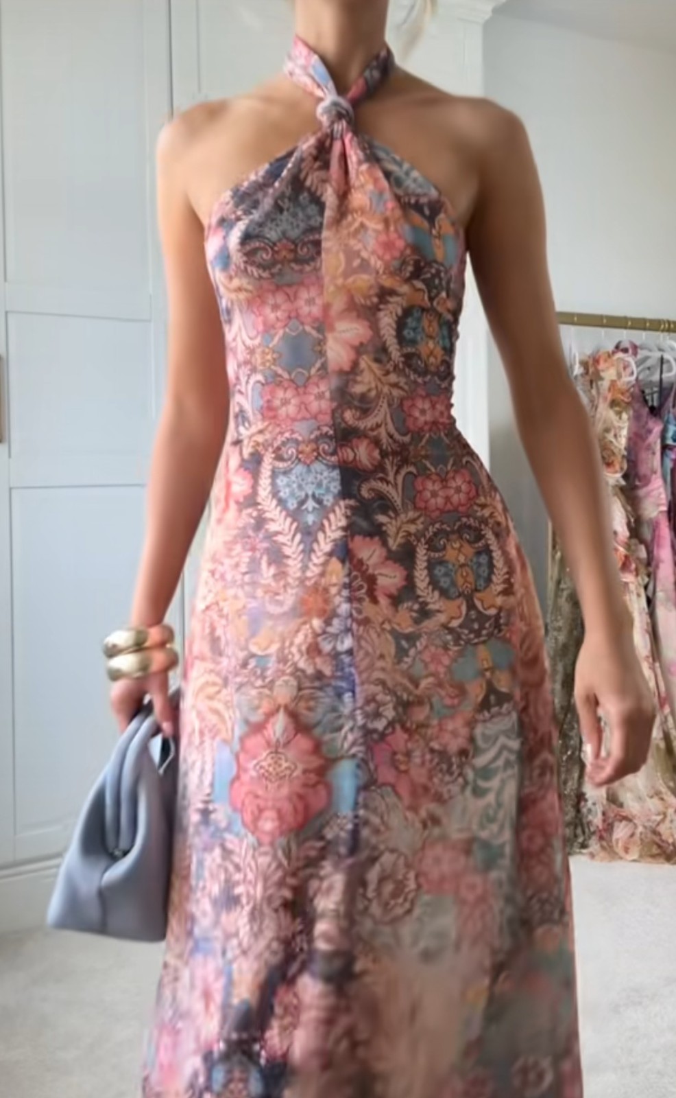 NWT H&M Chiffon Halterneck Dress Light Beige/Paisley 1338849001 Sizes M, L