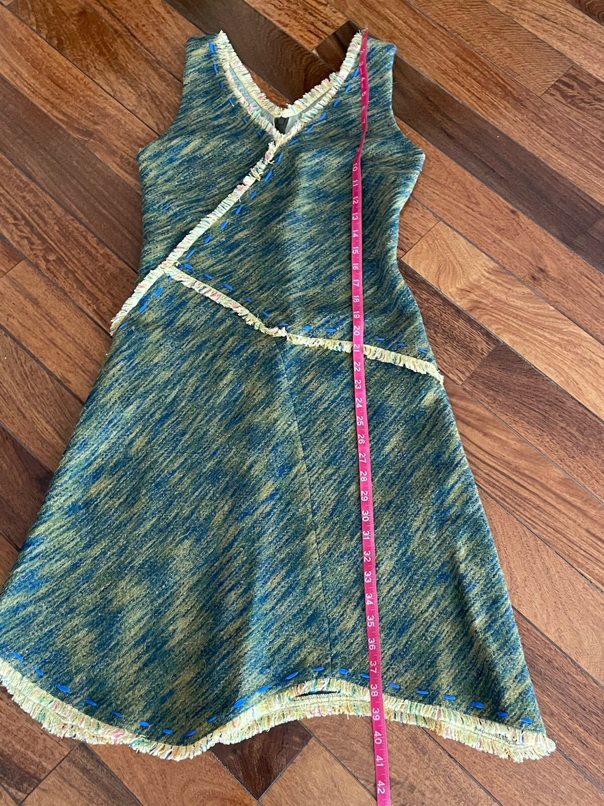 CACHAREL Unbalanced Wool Tweed Dress with Frayed Trim, Green-Blue, Size 40/Small