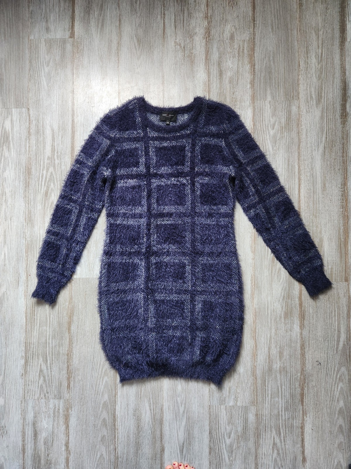 Romeo & Juliet Couture Fuzzy Sweater Dress Thick Stretch Blue White Sz L EUC