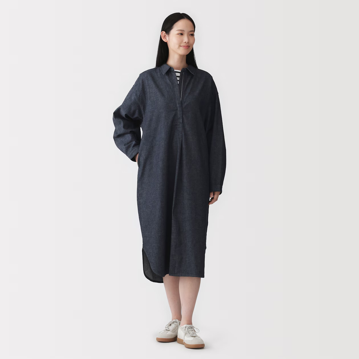 MUJI Womens Organic Cotton Kapok Light Denim Dress Dark Navy FedEx
