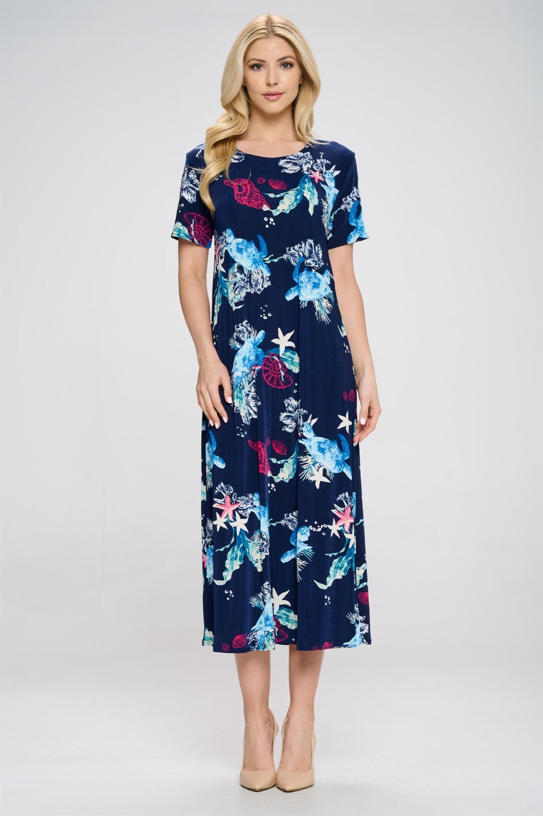 Travel Knit Dress, long A-Line, S/S, Stretchy NO-IRON poly/span. #310