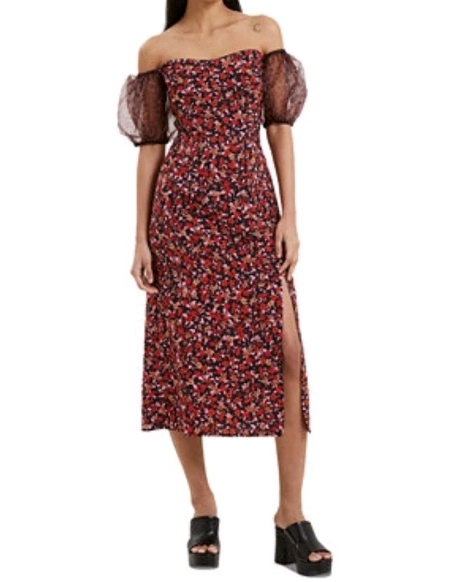 French Connection Clara Floral Organza Off-the-Shoulder Puff Sleeve Dress Sz 4