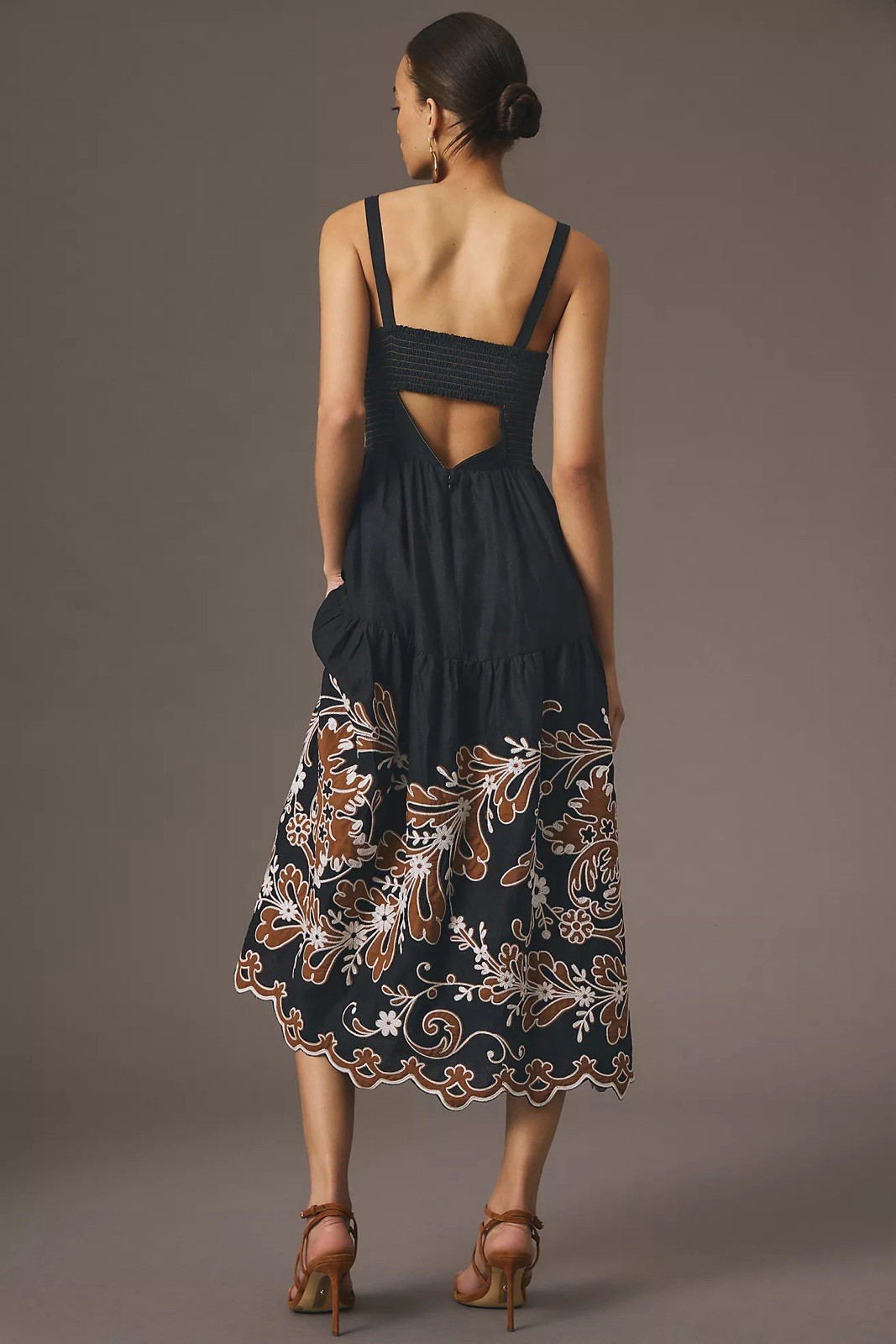 Anthropologie Black Appliqué Midi Maxi Dress with Tan Floral Embroidery size XXS