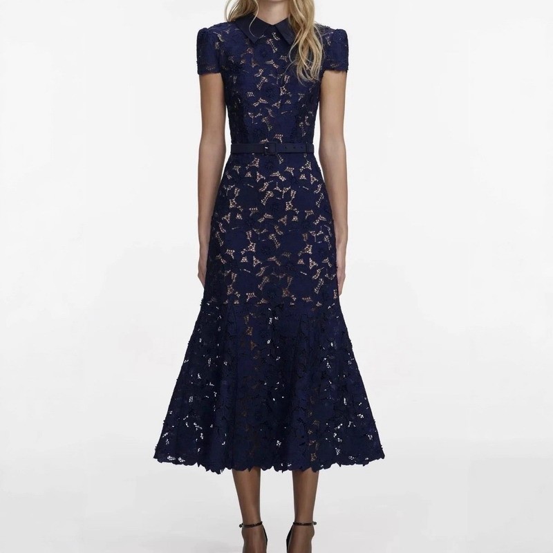 Self-Portrait Flip collar Short sleeves Dark blue Embroidery Fishtail Dress